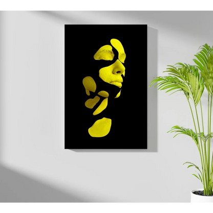 Bold yellow abstract face silhouette on black canvas print