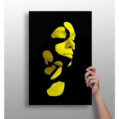 Bold yellow face abstract canvas print on black background