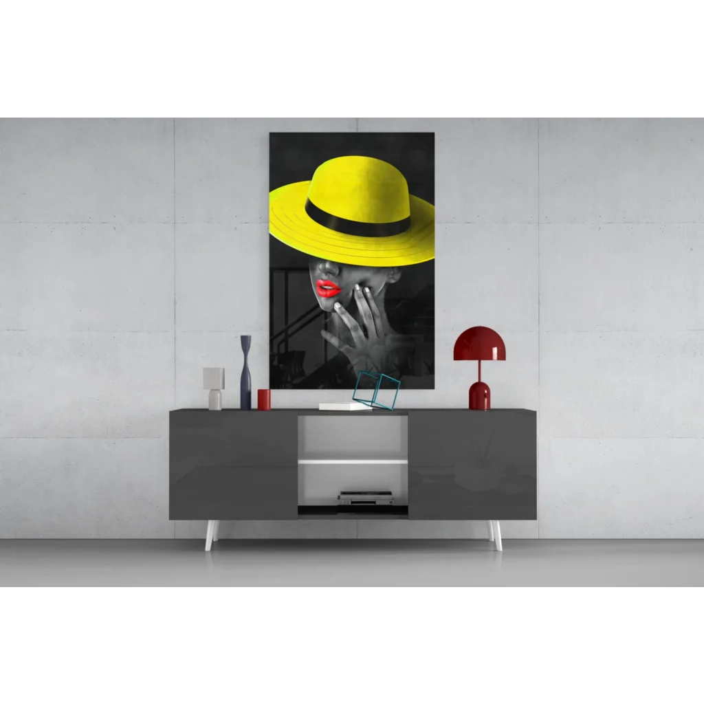Vibrant yellow fedora with black band on red lips glass wall art portrait