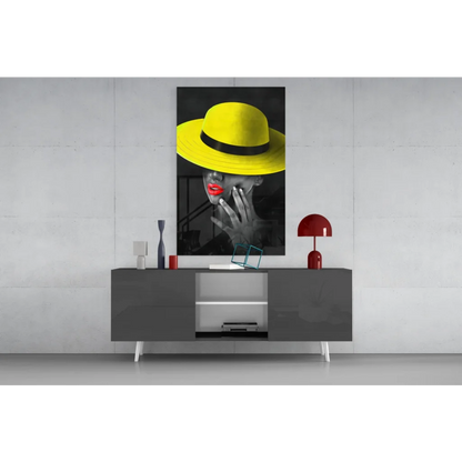 Vibrant yellow fedora with black band on red lips glass wall art portrait