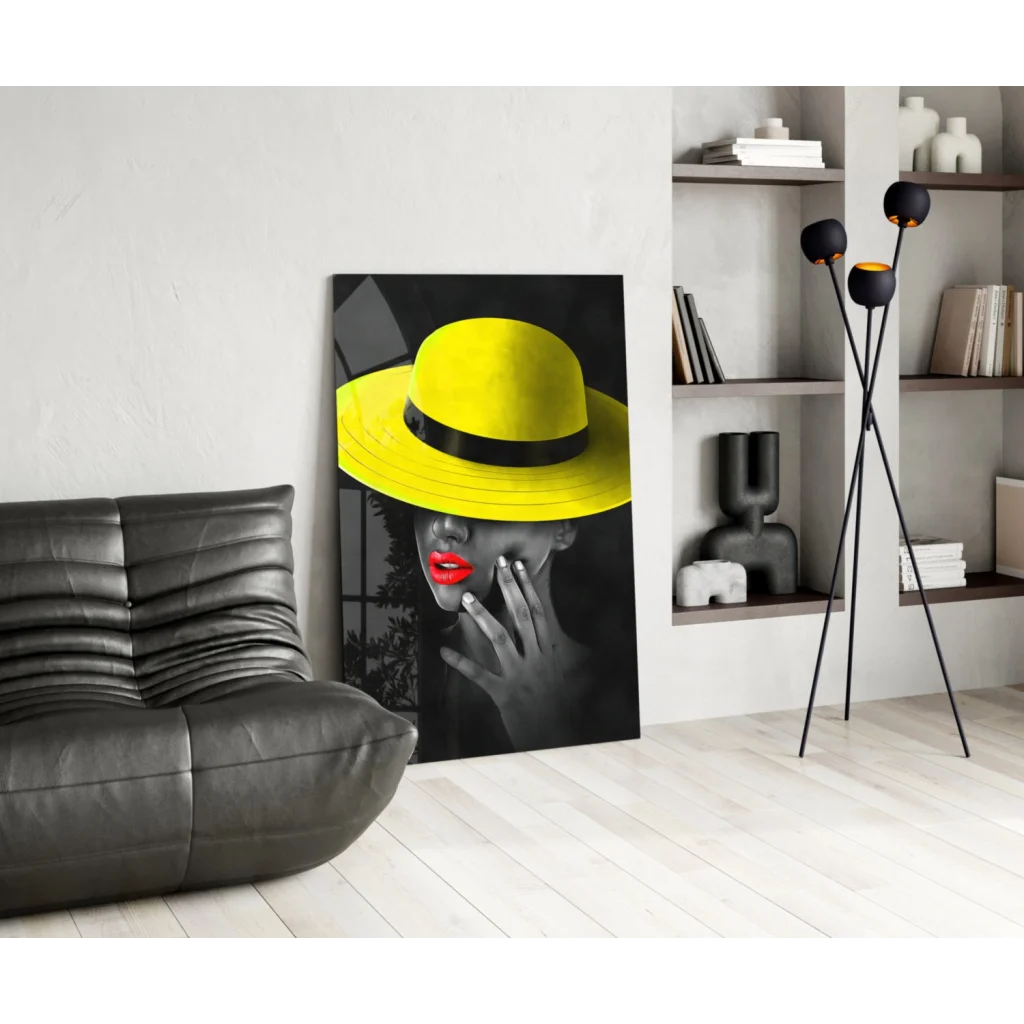Vibrant yellow fedora with black band on glass wall art
