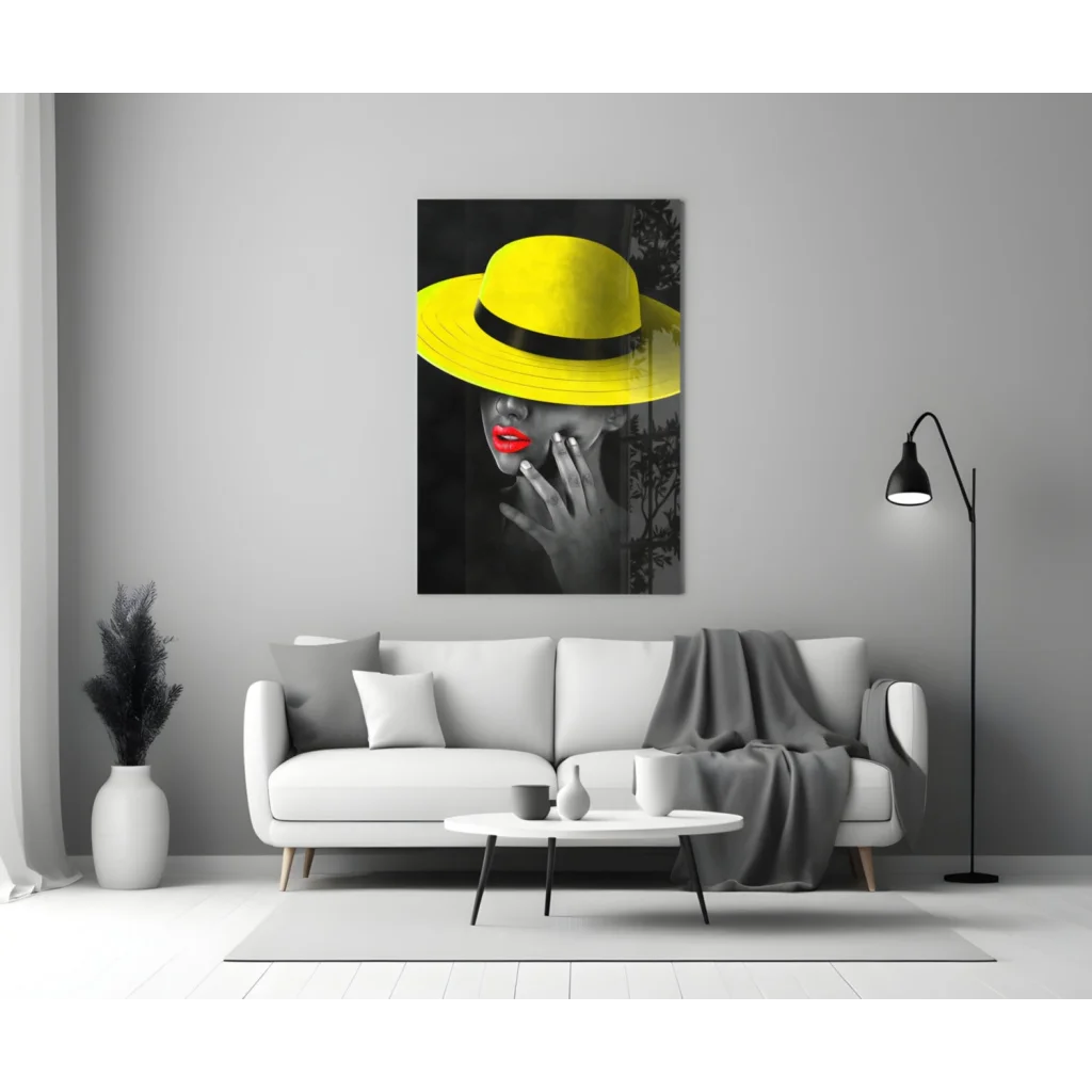 Vibrant yellow fedora with black band on red lips portrait in glass wall art