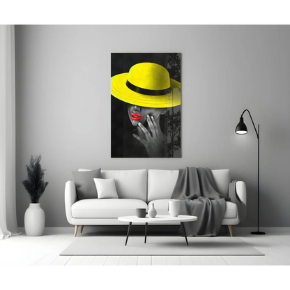 Vibrant yellow fedora with black band on red lips portrait in glass wall art