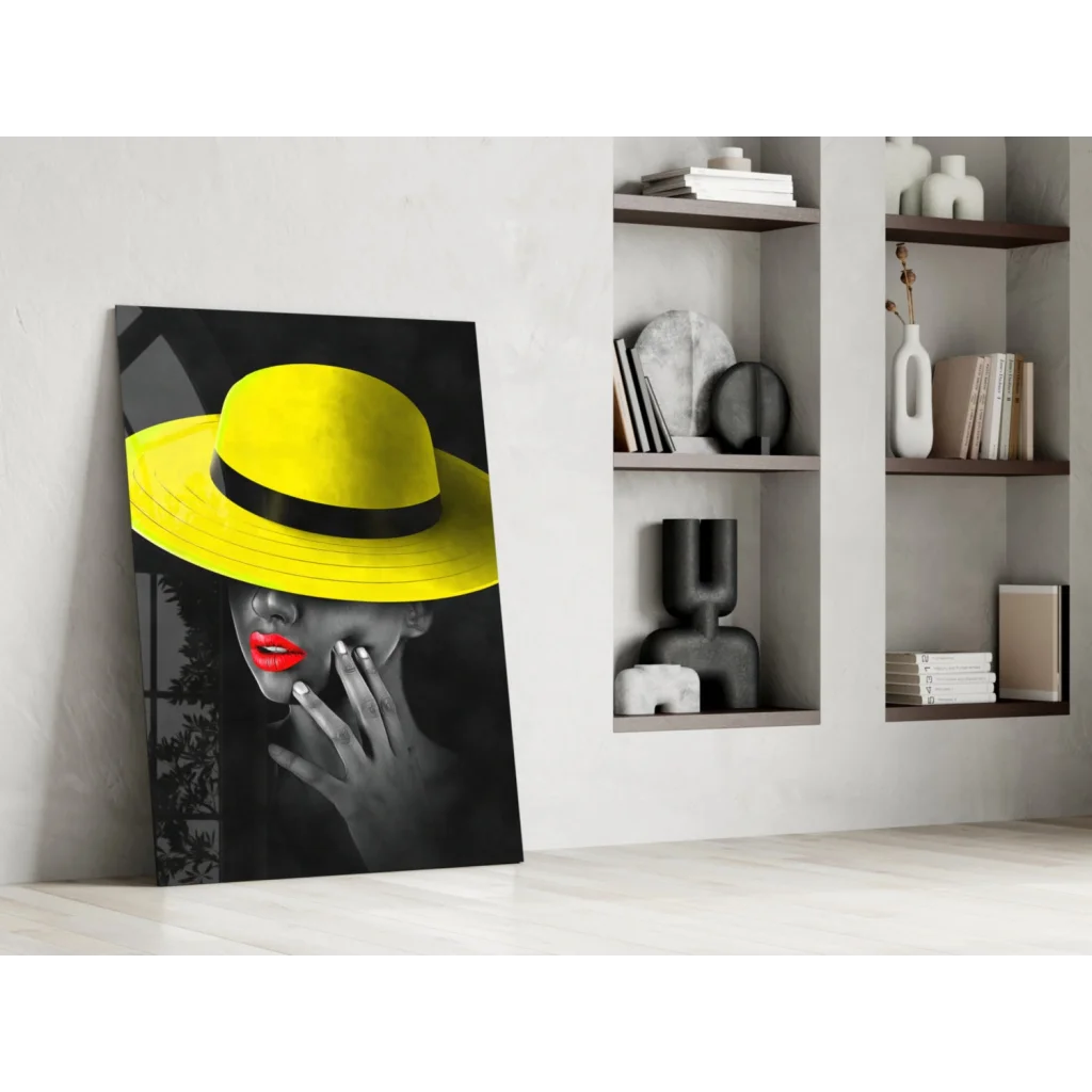 Vibrant yellow fedora in bold black-and-white portrait on glass wall art