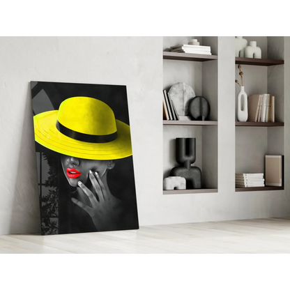 Vibrant yellow fedora in bold black-and-white portrait on glass wall art