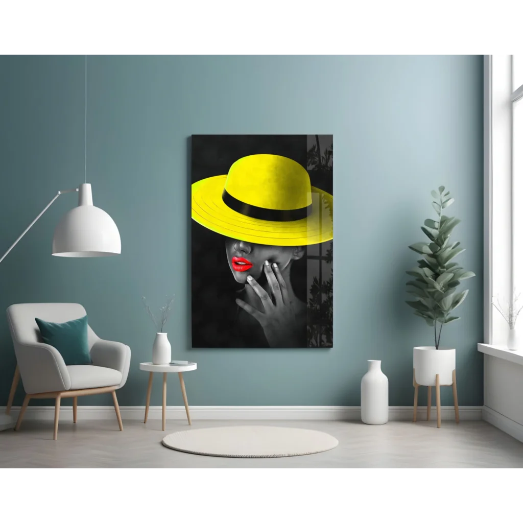 Bold yellow fedora with black band on vibrant glass wall art portrait