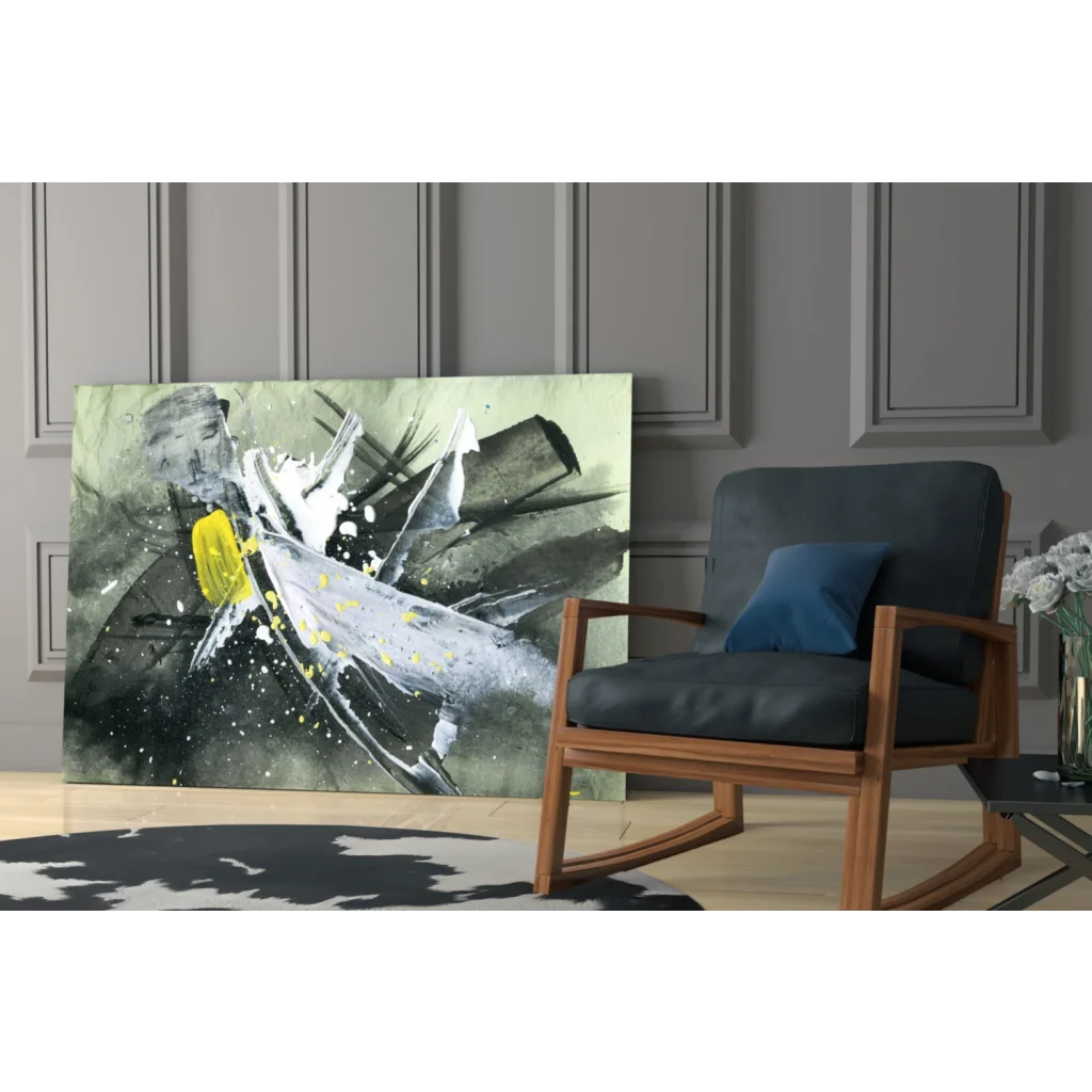 Bold yellow splash abstract canvas wall art print in black, white accents