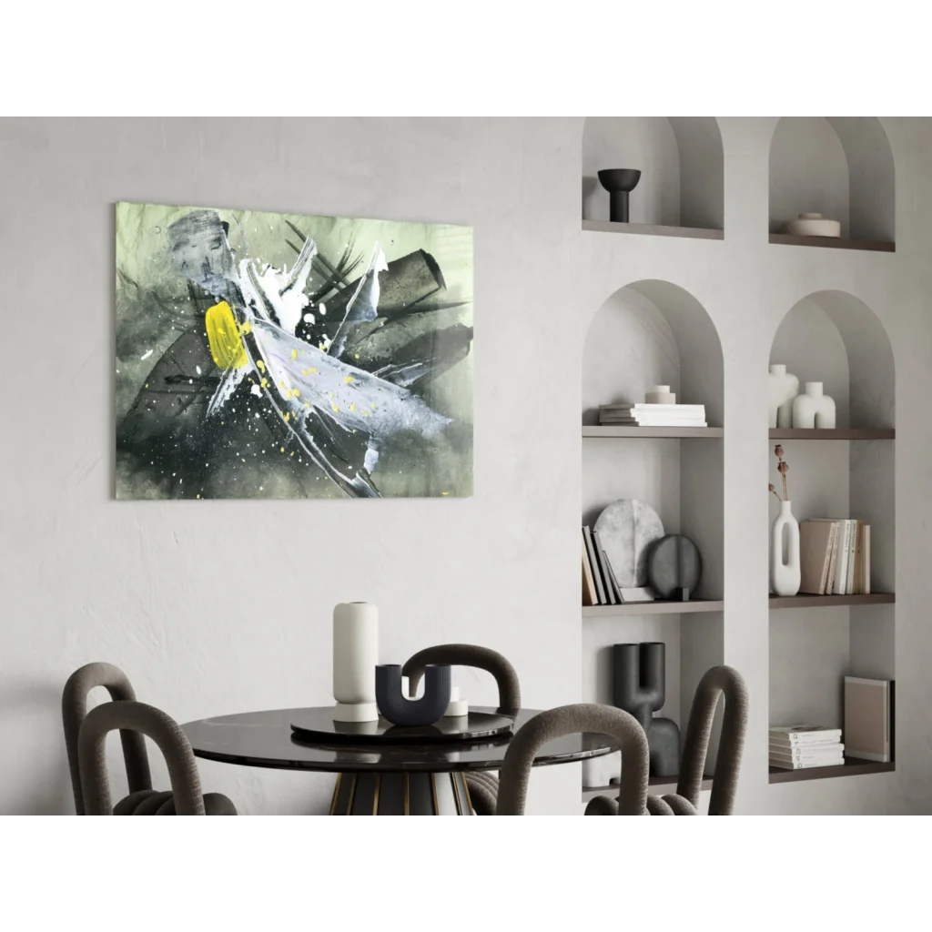 Black and white abstract wall art with bold yellow splash accents