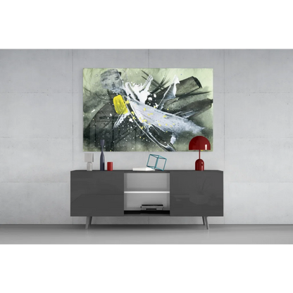 Modern gray lacquered sideboard with silver legs under bold yellow splash wall art