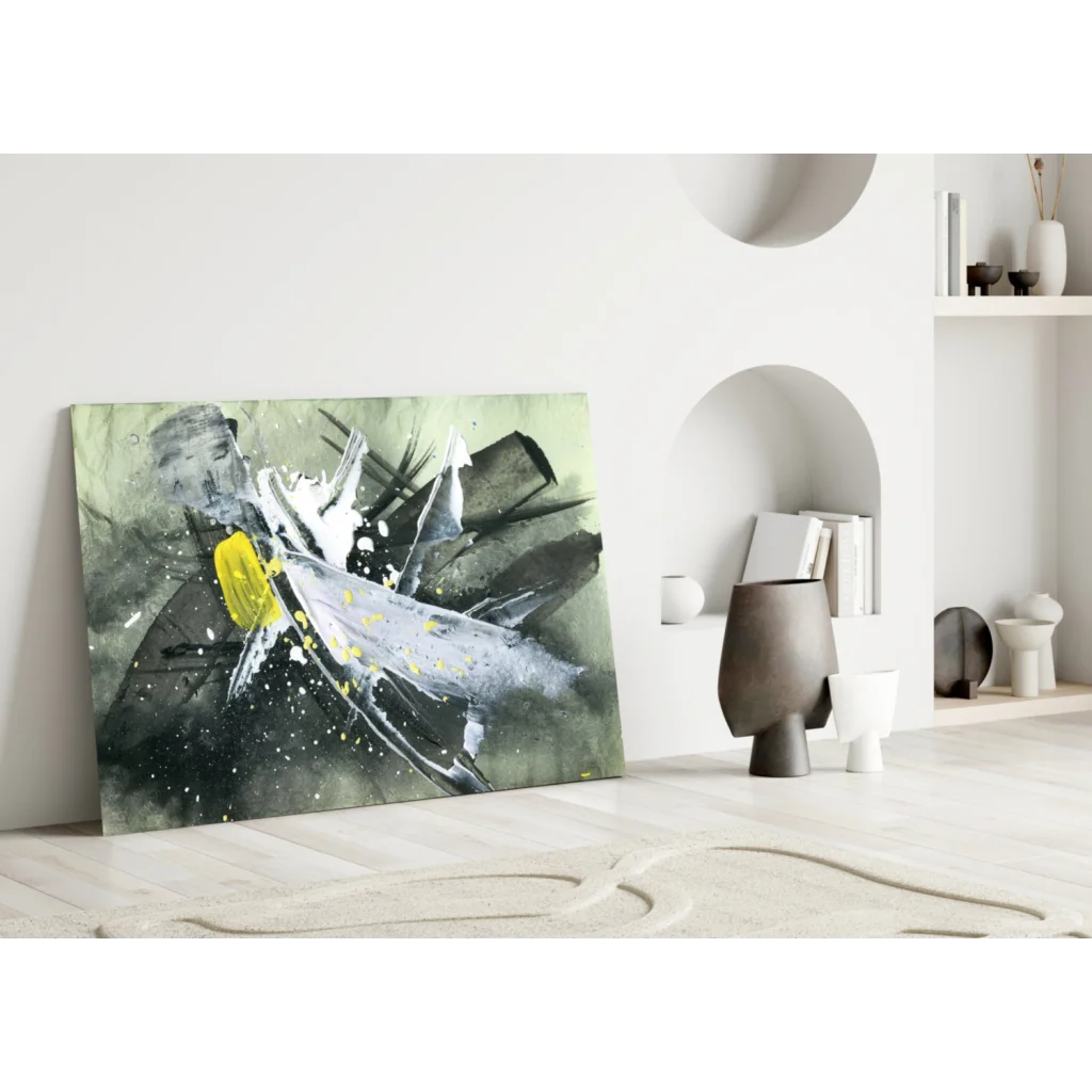 Bold yellow splash abstract wall art canvas with black, white accents on gray