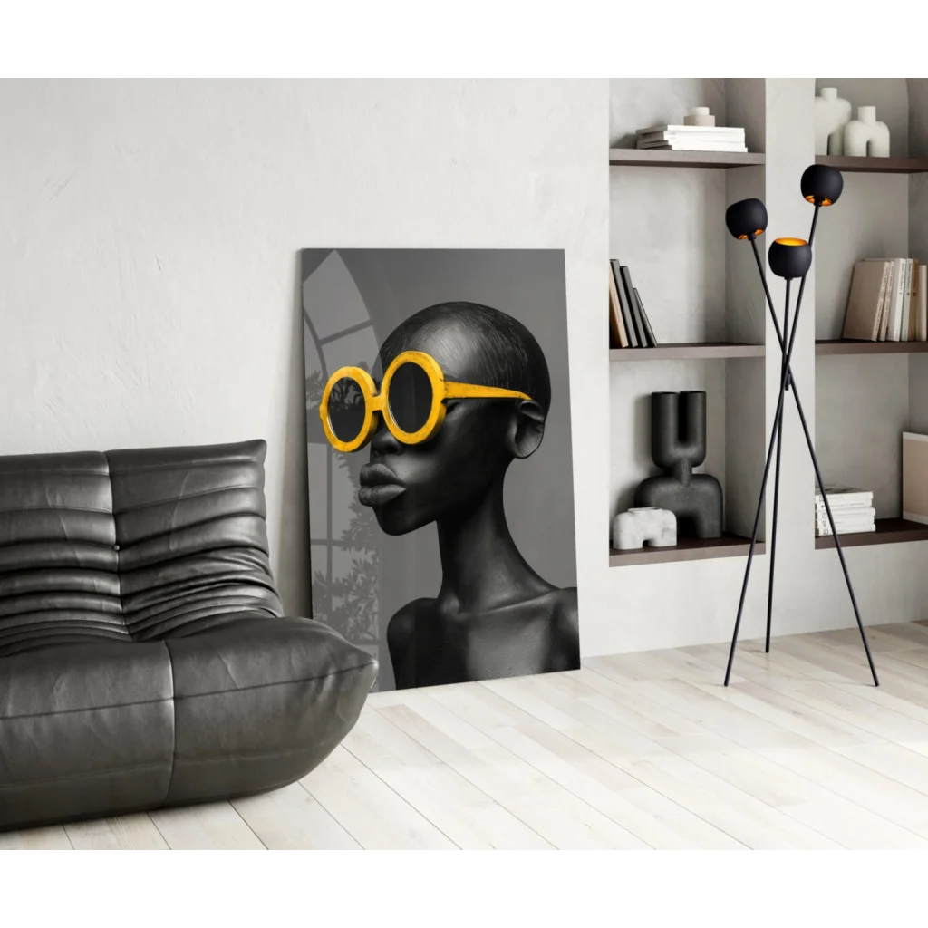 Bold yellow sunglasses portrait on black-and-yellow canvas wall art