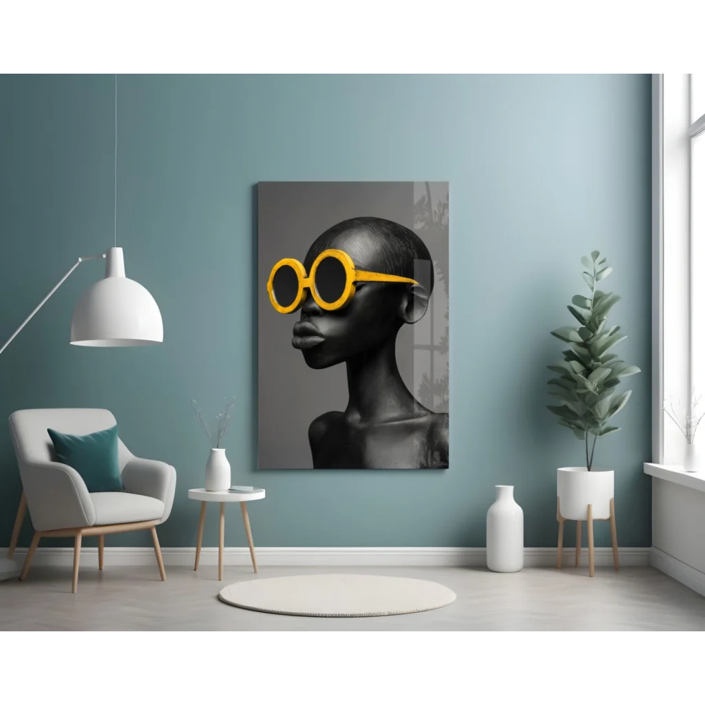 Striking black-and-white portrait of woman in bold yellow sunglasses wall art