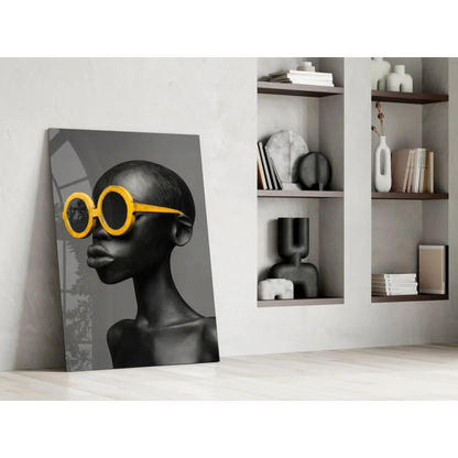 Black matte portrait canvas of stylized figure in bold yellow sunglasses wall art