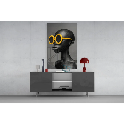 Black-and-white portrait of figure in bold yellow round sunglasses wall art