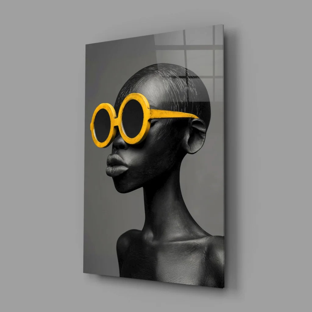 Bold yellow sunglasses portrait canvas wall art in black matte finish