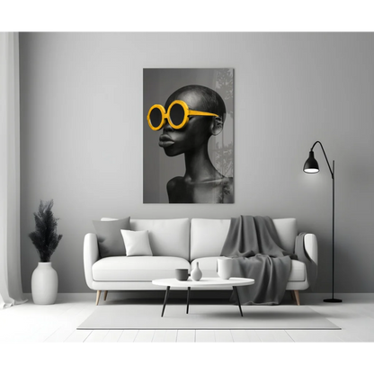 Black-and-white portrait canvas wall art of woman in bold yellow oversized sunglasses