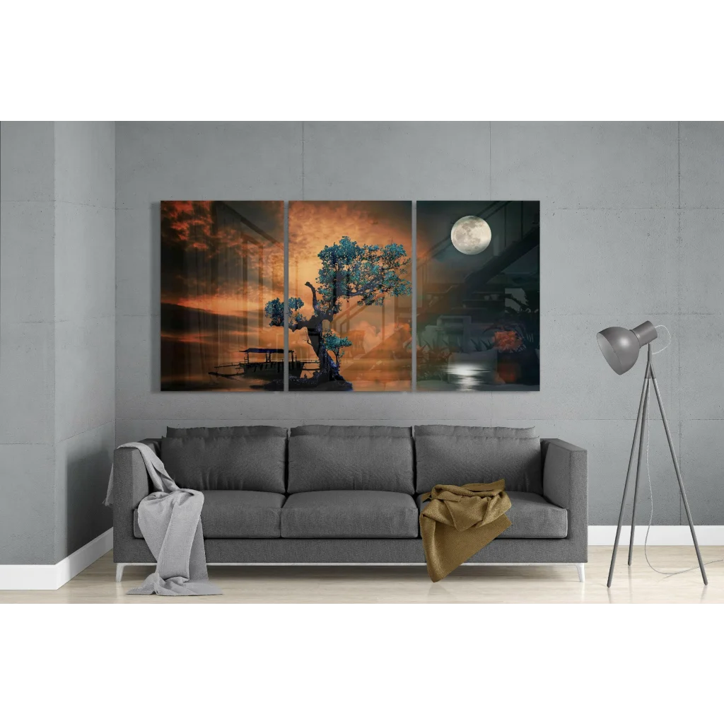 Moonlit Tree Canvas Wall Art Three Panel Set | Modern Wall Art Decor | vintageantiquesgifts.com