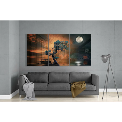 Moonlit Tree Canvas Wall Art Three Panel Set | Modern Wall Art Decor | vintageantiquesgifts.com