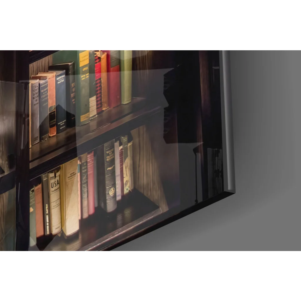 Marilyn Monroe glass wall art with dark frame and colorful books