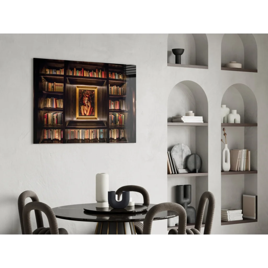 Marilyn Monroe in golden frame glass wall art with bookshelves