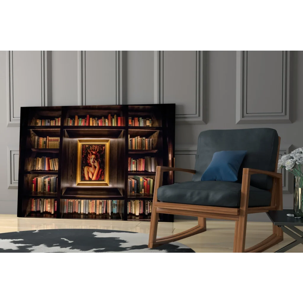 Marilyn Monroe glass wall art on dark wood bookshelf with books