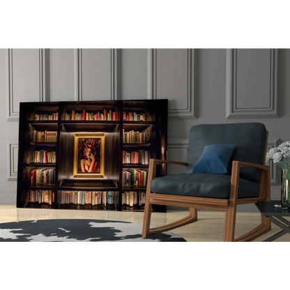 Marilyn Monroe glass wall art on dark wood bookshelf with books