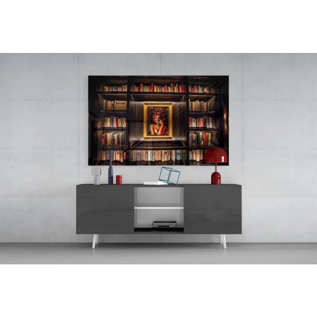 Marilyn Monroe glass wall art in golden frame on bookshelf