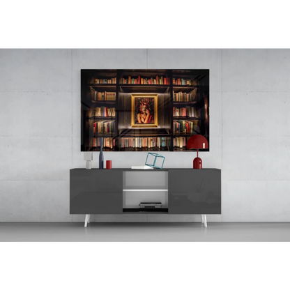 Marilyn Monroe glass wall art in golden frame on bookshelf