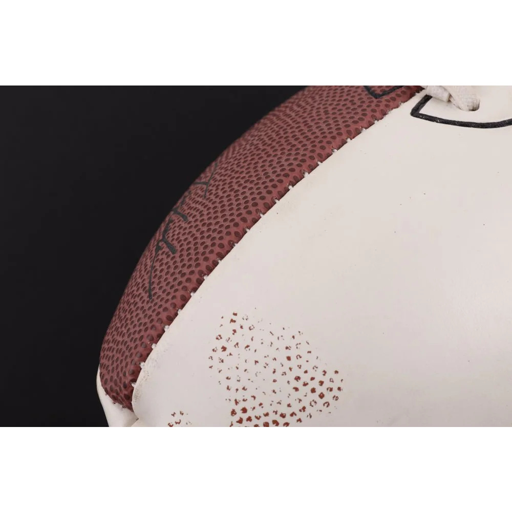 White and brown American football with scuffs, Super Bowl XXXVII logo, signed by Boomer Esiason and Michael Lewis