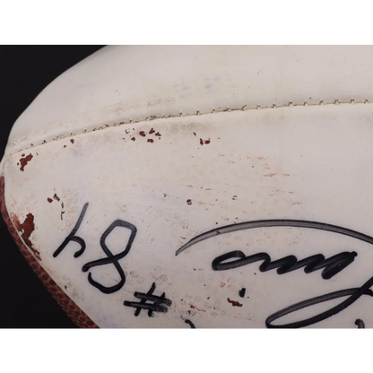 Worn white football with black markings featuring Super Bowl XXXVII logo signed by Boomer Esiason and Michael Lewis