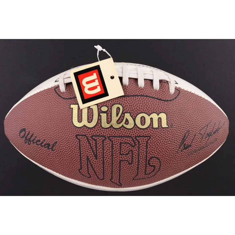 Brown leather Super Bowl XXXVII logo football with white laces and hanging tag