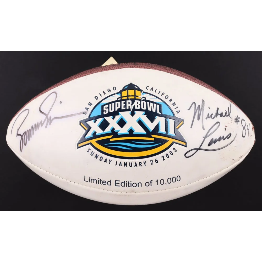 White Super Bowl XXXVII football with logo and signatures, perfect for collectors