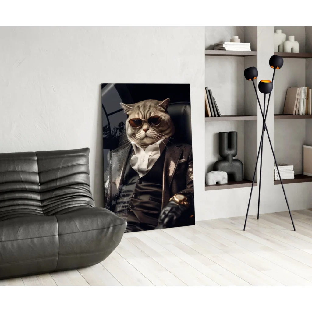 Stylish gray tabby cat in suit and sunglasses on glass wall art print