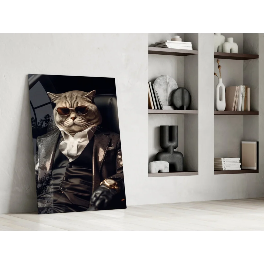 Gray tabby cat in suit and sunglasses on stunning glass wall art print
