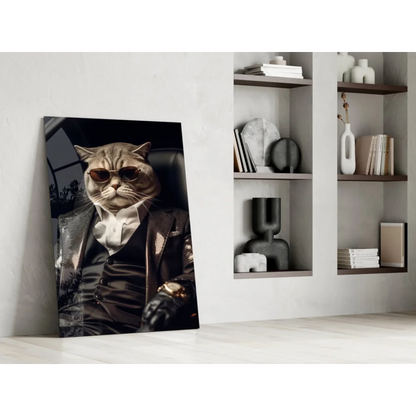 Gray tabby cat in suit and sunglasses on stunning glass wall art print
