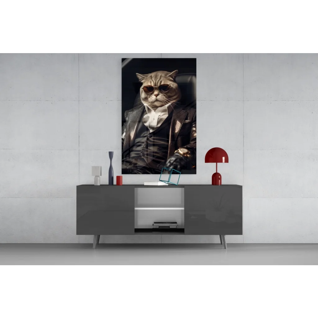 Sophisticated cat in suit on matte black framed glass wall art print