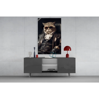Sophisticated cat in suit on matte black framed glass wall art print