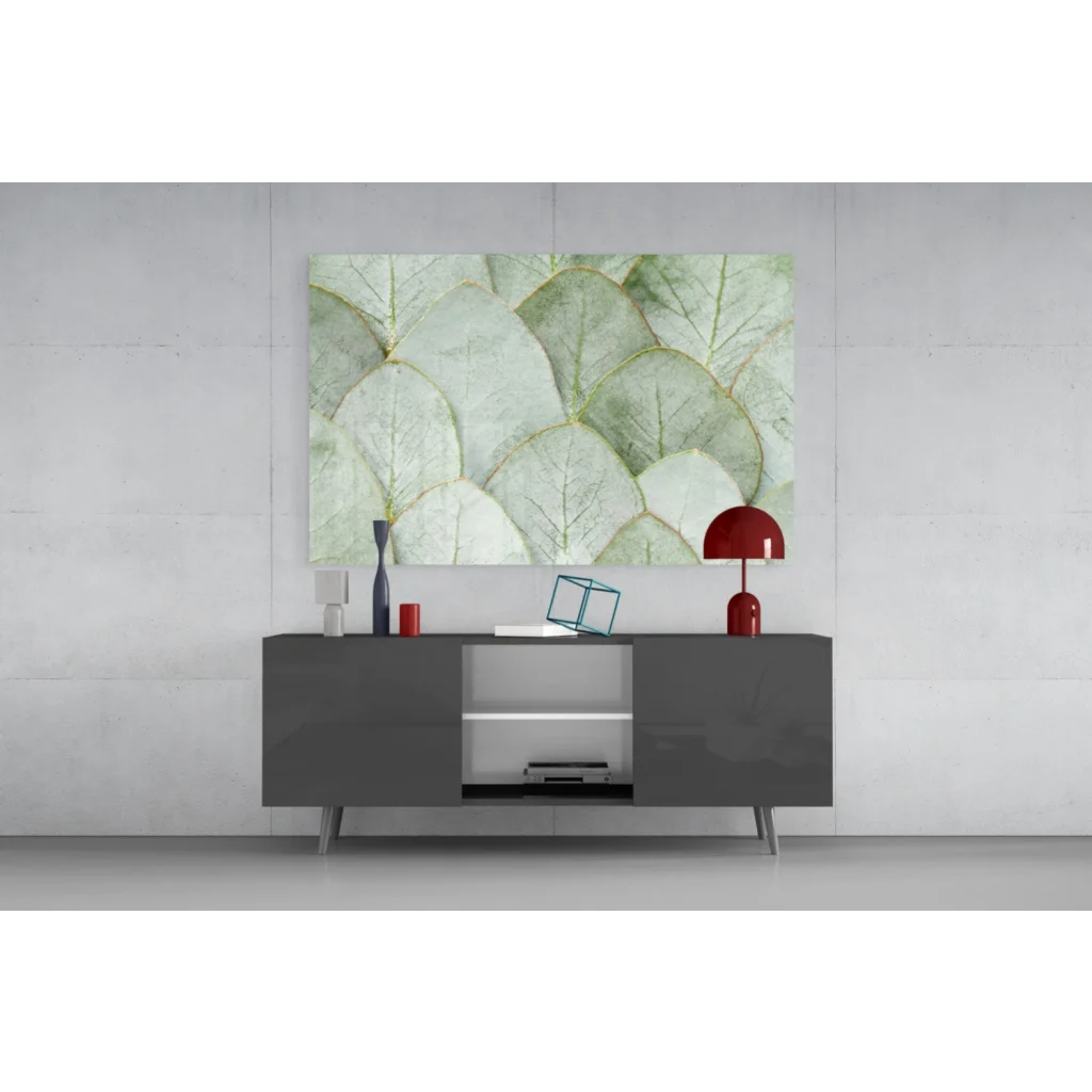Modern gray sideboard with glass wall art transforming the room