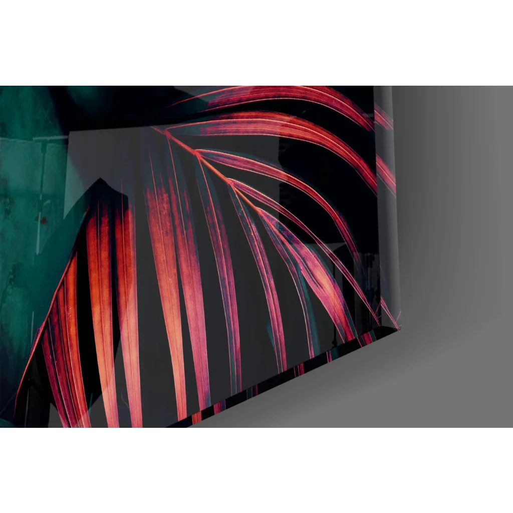 Vibrant magenta teal tropical leaf glass wall art on black canvas