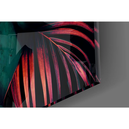 Vibrant magenta teal tropical leaf glass wall art on black canvas
