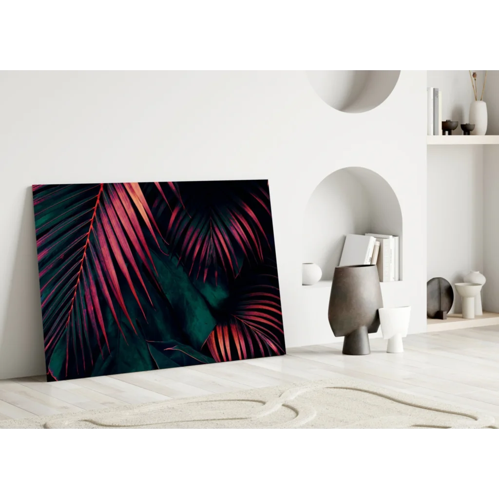 Tropical Leaf Glass Wall Art in Magenta and Teal | Modern Wall Art Decor | vintageantiquesgifts.com