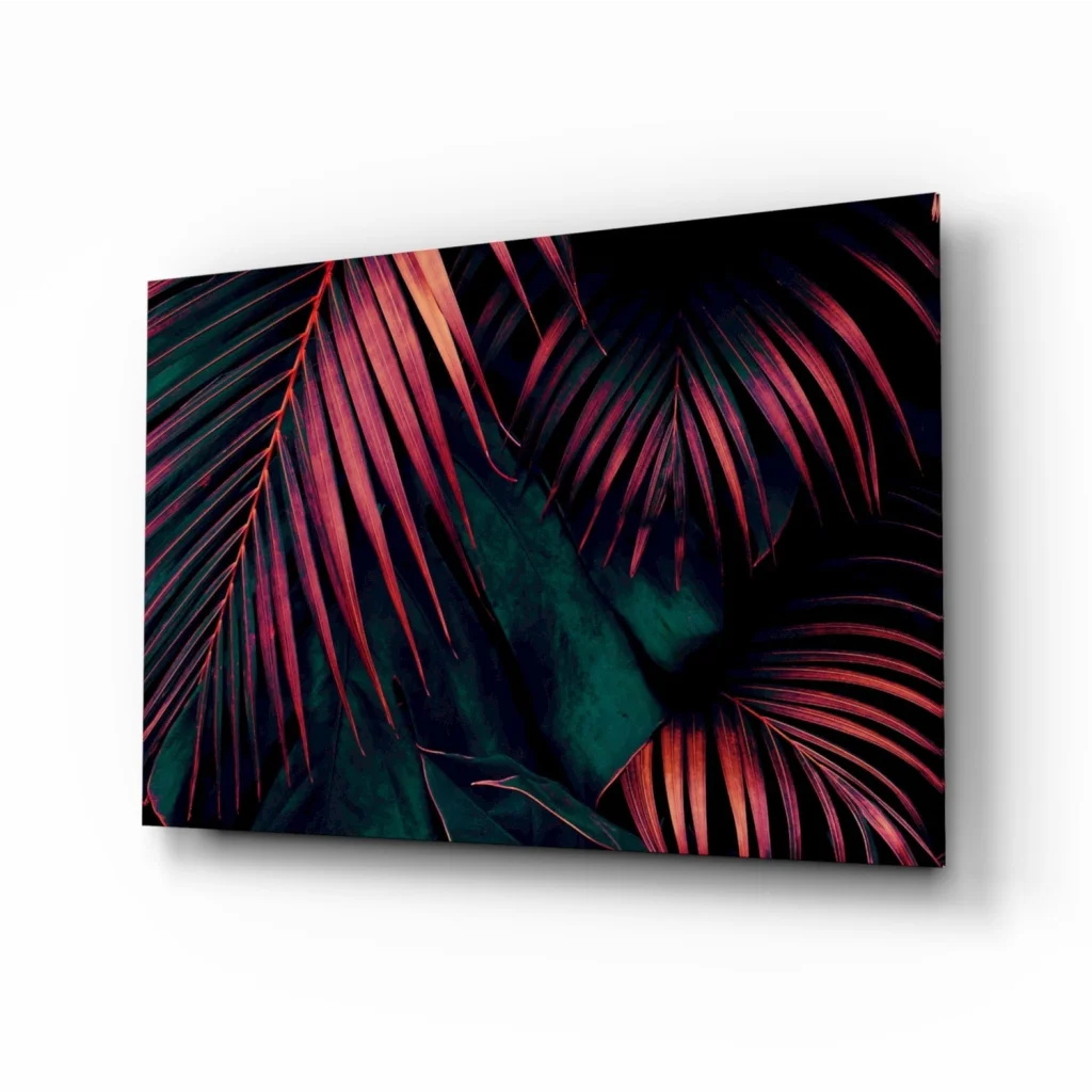 Tropical Leaf Glass Wall Art in Magenta and Teal | Insigneart USA | vintageantiquesgifts.com