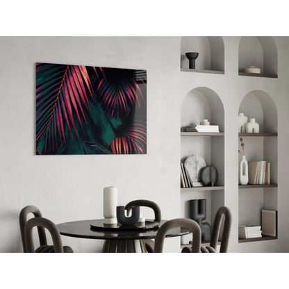 Vibrant tropical leaf glass wall art in magenta and teal hues