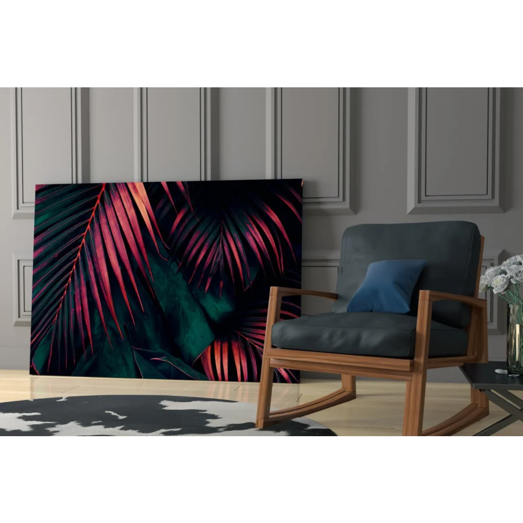 Vibrant tropical leaf glass wall art in magenta and teal hues