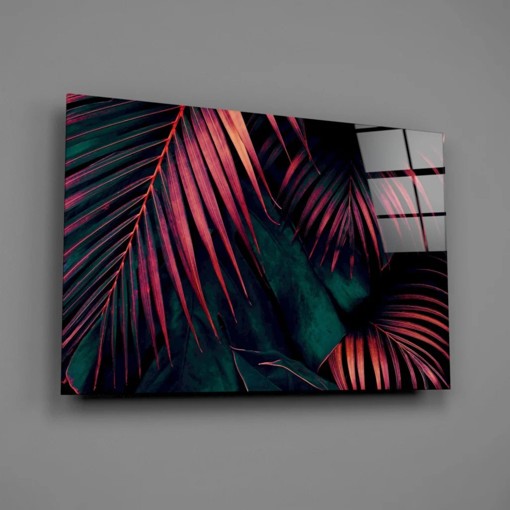 Tropical Leaf Glass Wall Art in Magenta and Teal | Glass Wall Art Print | vintageantiquesgifts.com