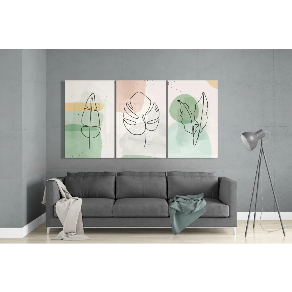 Minimalist botanical leaf wall art set in soft pastels