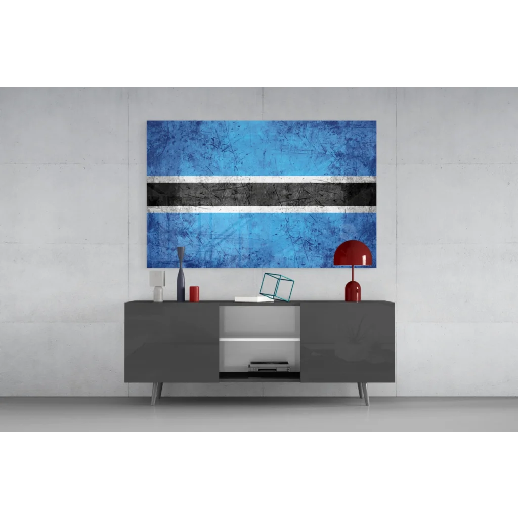 Modern Botswana flag glass wall art in blue and black