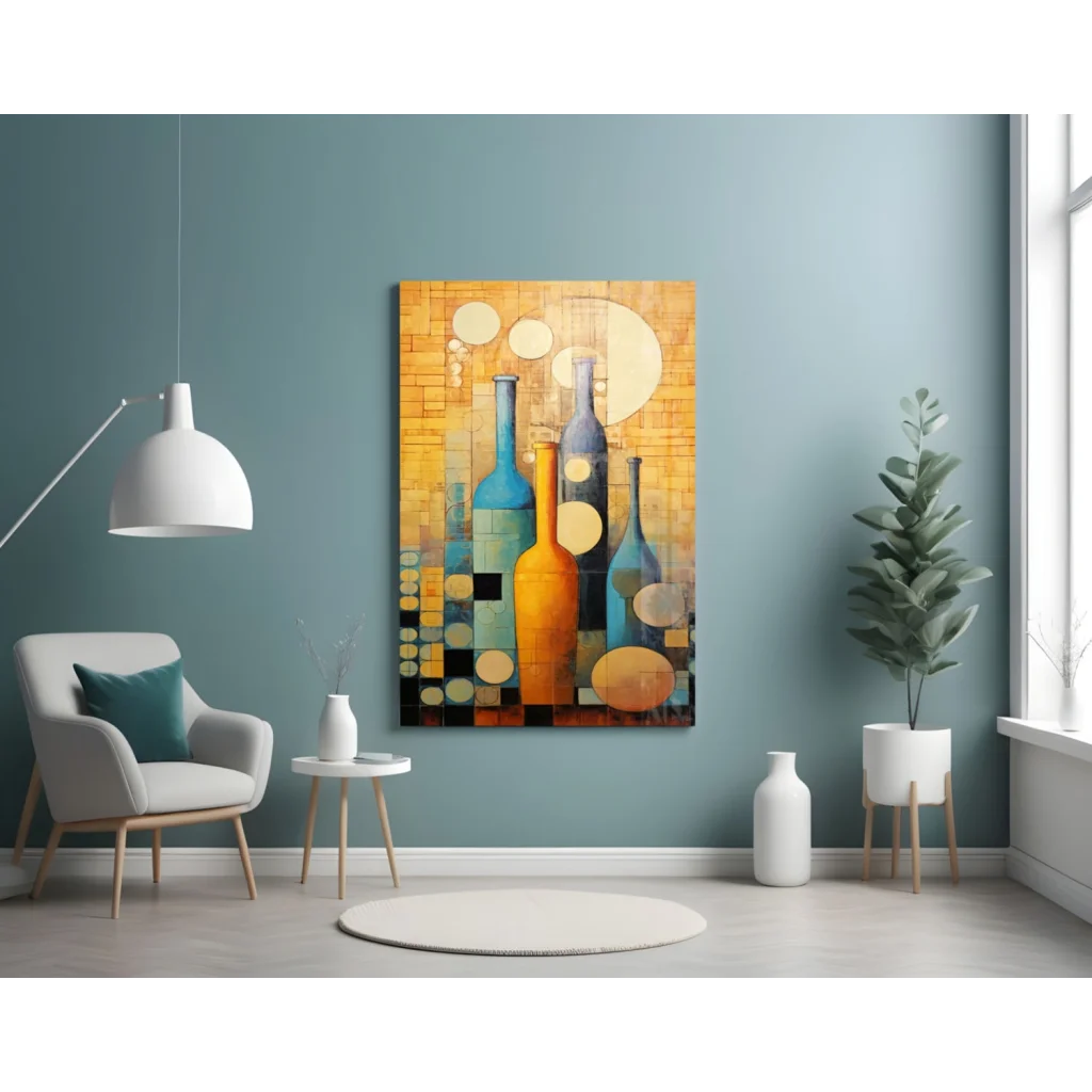 Vibrant bottle abstract glass wall art canvas with golden textures