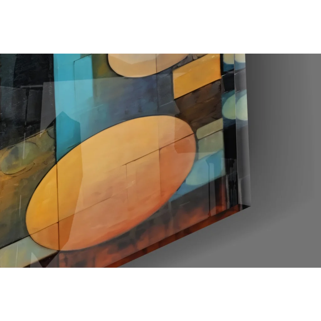 Vibrant abstract glass wall art with amber teal blue layers and golden textures
