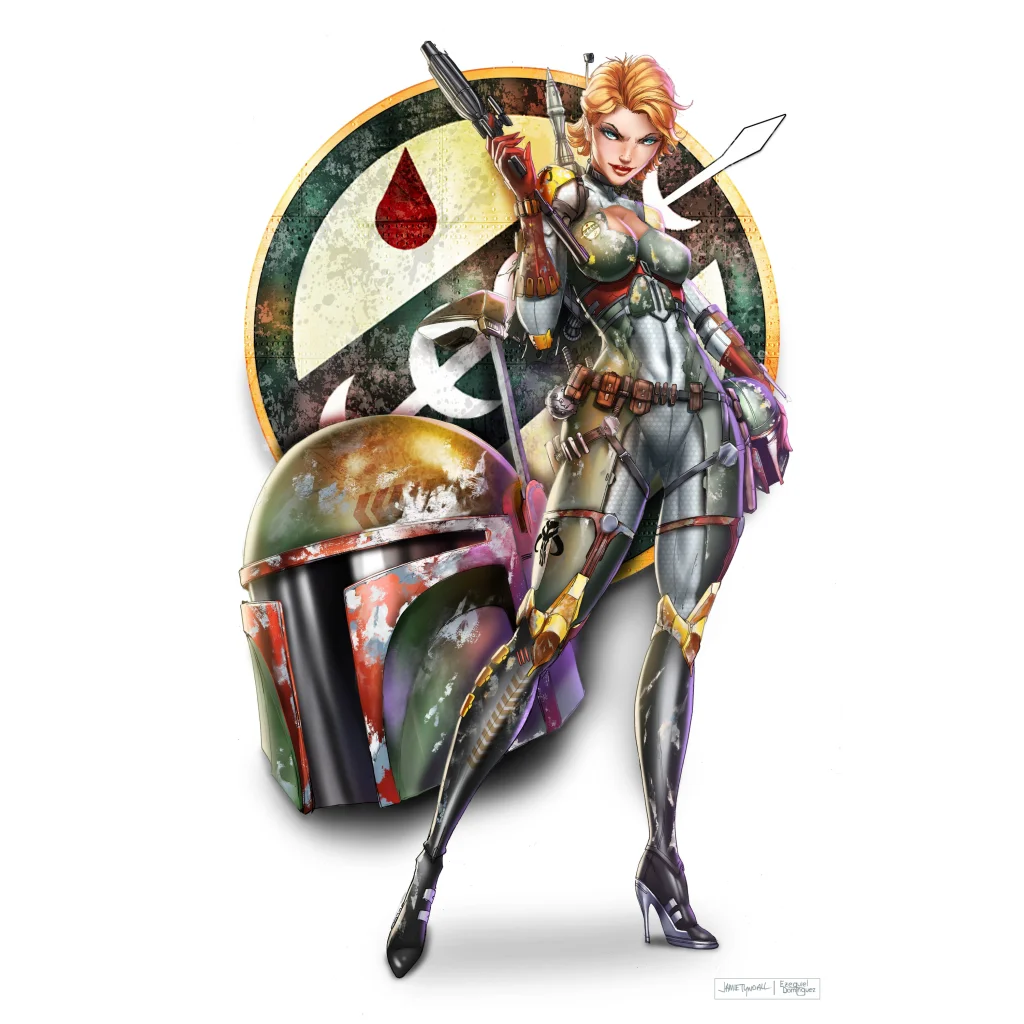 Female bounty hunter with boba fett helmet on brushed aluminum print